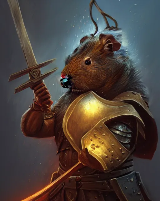 Prompt: Huge guinea pig warrior in armor holding a two-handed battle axe, portrait, woodlands, magic the gathering artwork, D&D, fantasy, cinematic lighting, centered, symmetrical, highly detailed, digital painting, artstation, concept art, smooth, sharp focus, illustration, volumetric lighting, epic Composition, 8k, art by Akihiko Yoshida and Greg Rutkowski and Craig Mullins, oil painting, cgsociety