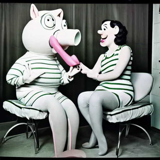 Image similar to 1976 two curvy women in a vintage kitchen baking a cake wearing an inflatable long prosthetic snout nose made of gooey green slime, soft color wearing stripes sitting on chairs covered in soft fabric, pink slime everywhere, grey striped walls, studio lighting 1976 color film archival footage holding a hand puppet that looks like Porky Pig, 16mm Russ Meyer John Waters Almodovar Doris Wishman