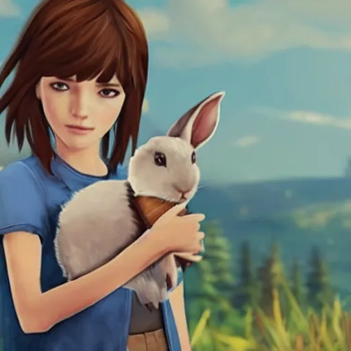 Image similar to max caulfield from the video game Life Is strange holding a rabbit