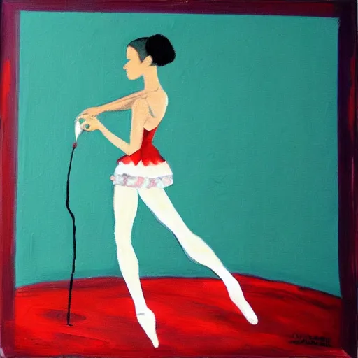 Image similar to square painting of a ballerina drinking wine in a teal room all on a red background