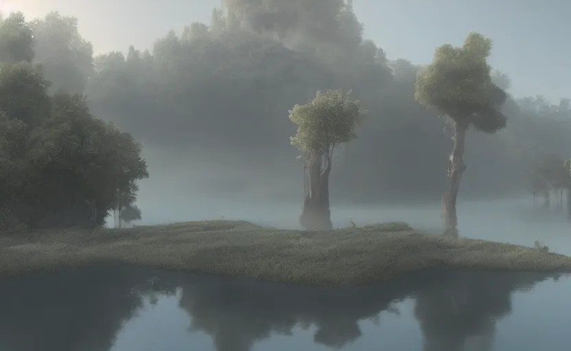 Image similar to a strange lake directed by charlie kaufman ( 2 0 0 1 ) anamorphic lenses, foggy volumetric light morning, cinematic trending on artstation in the style of greg rutkowski