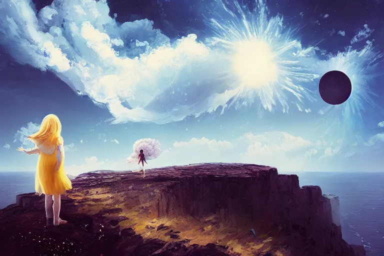 Image similar to giant white daisy flower on head, girl on cliff, surreal photography, solar eclipse, milky way, dramatic light, impressionist painting, clouds, digital painting, artstation, james gilleard, liam wong, jeremy mann, simon stalenhag