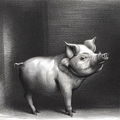 Image similar to a pig in a tuxedo, chiaroscuro, illustration by Gustave Doré,