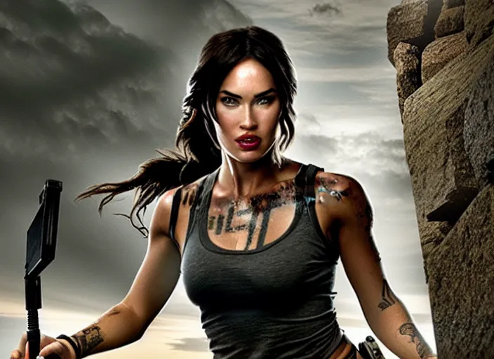 Image similar to film still of!!!! megan fox!!! as lara croft in new tomb raider movie, 8 k