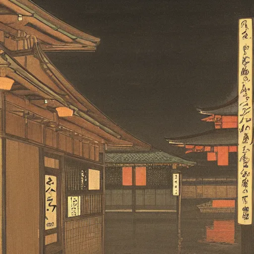 Prompt: professional, fine, detailed portrait of an japanese bathhouse during the night that can be seen afar from a bridge.