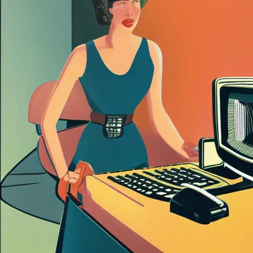 Image similar to portrait of a woman programming a computer, retro science fiction vintage art