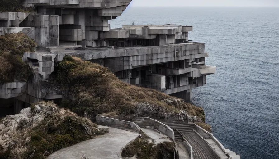 Image similar to coastal perched on a cliff overlooking a magnificient bay, brutalist imperial military base, drawing architecture, ultra very long shot, top angle, imperial architecture in rogue one, pritzker architecture prize, brutalism architecture, jan urschel, greig fraser