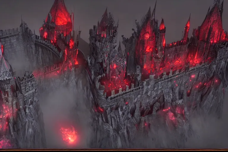 Image similar to big evil castle - city rock dark shadow elves, might and magic heroes vii, dark fantasy, shadows, artstation trending, unreal engine 5, red