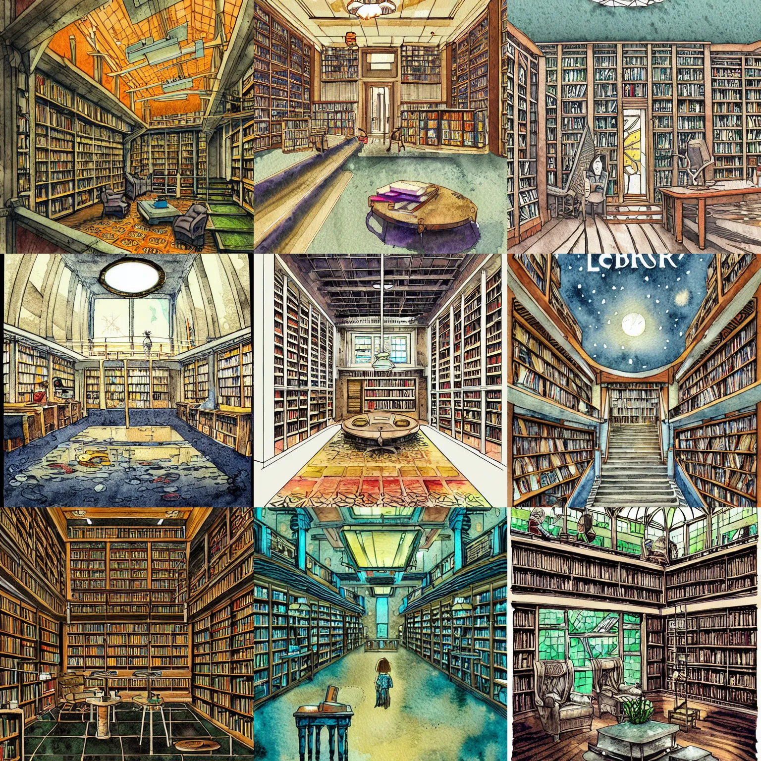 Prompt: library interior design, intricate watercolor solarpunk illustration by tim doyle