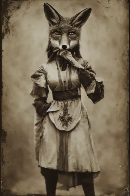 Prompt: a wet plate photo of an anthropomorphic fox vixen as maid marian from robin hood