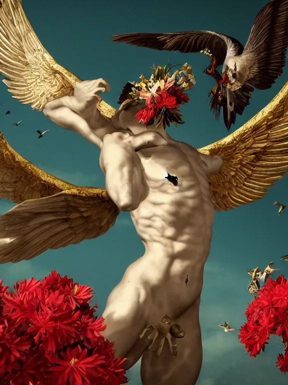 Prompt: a falling Icarus , wings, skull, birds, flowers, baroque. intricate artwork by caravaggio. many many birds birds on background. Trending on artstation. halo. octane render, cinematic, hyper realism, octane render, 8k, depth of field, bokeh. iridescent accents. vibrant. teal and gold and red colour scheme