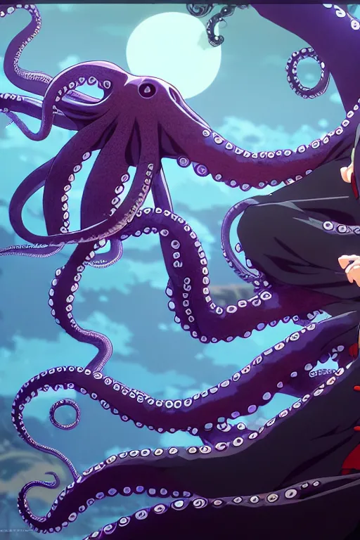 Image similar to key anime visuals of [ an octopus ninja, fighting with a katana ]. highly detailed, intricate, directed by makoto shinkai, anime manga style, trending on art station.