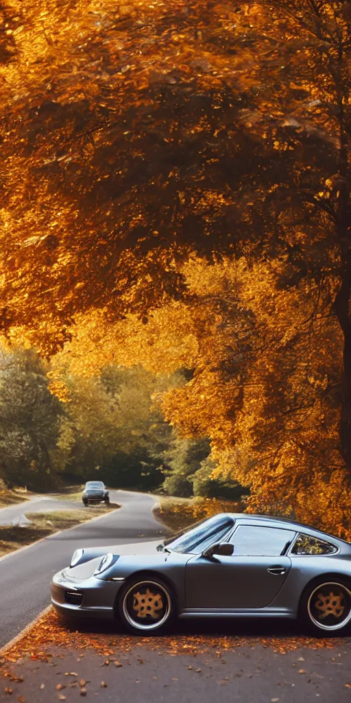 Prompt: photo of a porsche driving through autumn leaves, photo, kodak portra 4 0 0, direct flash, cinematic lighting, anti aliasing