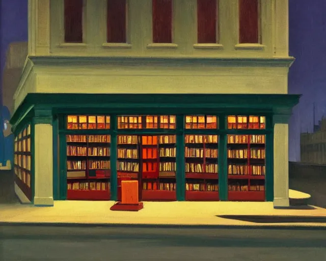 Prompt: a gloomy bookstore at night in the style of Edward Hopper