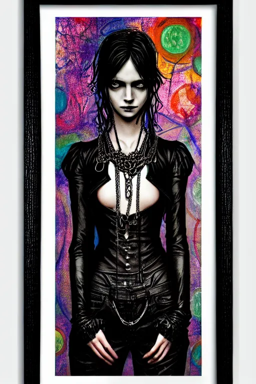 Prompt: dreamy gothic girl, black leather slim clothes, chains, colorful rings, beautiful body, detailed acrylic, grunge, intricate complexity, by dan mumford and by alberto giacometti, peter lindbergh
