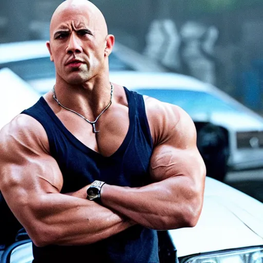 Image similar to film still of the rock as dominic toretto in fast & furious