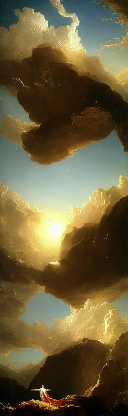 Prompt: an awe-Inspiring Thomas cole painting of god’s hand appearing from behind a heavenly cloudscape as if it’s demand money