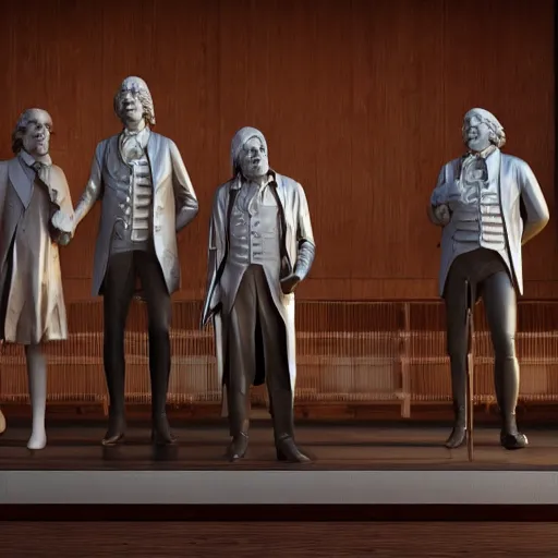 Image similar to mozart and beethoven and bach and liszt all standing next to each other, they're all statues, octane render, 8 k, highly detailed, hyper - realistic.