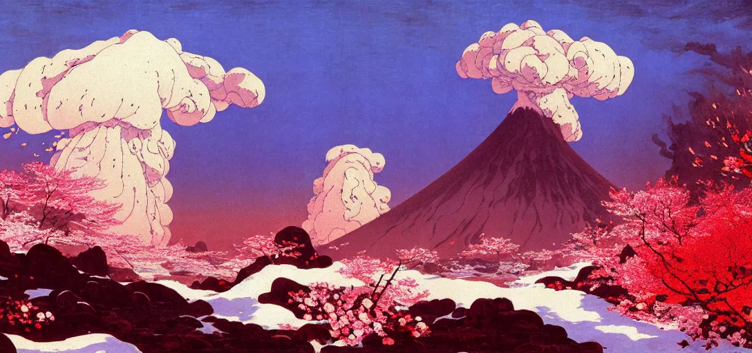 Image similar to ghibli illustrated background of a volcano erupting lava in a strikingly beautiful snowy landform with strange rock formations and red water, and cherry blossoms by vasily polenov, eugene von guerard, ivan shishkin, albert edelfelt, john singer sargent, albert bierstadt 4 k