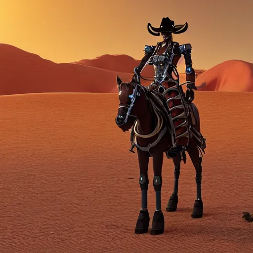 Prompt: A humanoid robot wearing a cowboy outfit, it is riding a horse made of scrap metal, they are in a golden-brown desert, the sun is setting, 8k, detailed, realistic, unreal engine