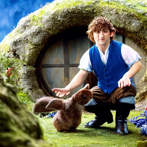 Prompt: hobbit wearing a blue vest and white sash, a british lad as Bartook a teen hobbit with short curly dark brown hair wearing a blue vest with a white sash standing next to a giant rabbit, high resolution film still, movie by Peter Jackson