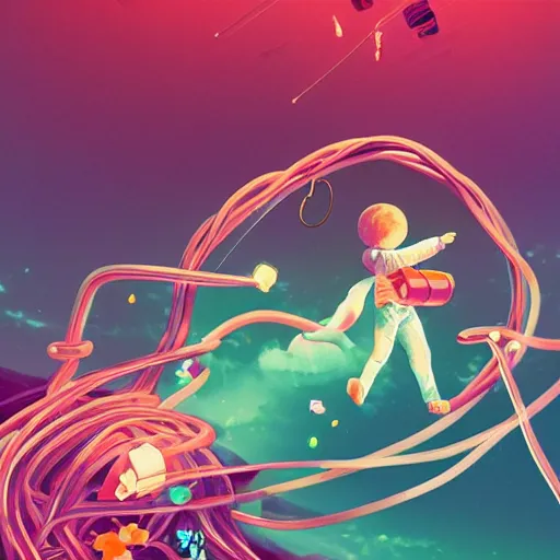 Prompt: two children silhouettes floating in opposition in zero gravity through spacetime in a loose tangle of retro console cables and controllers, flowing lines, dreamy atmosphere, surrounded by individual shimmering tiny flower petals and retro gaming collectibles, trending on artstation, hyper realistic, ross tran, WLOP