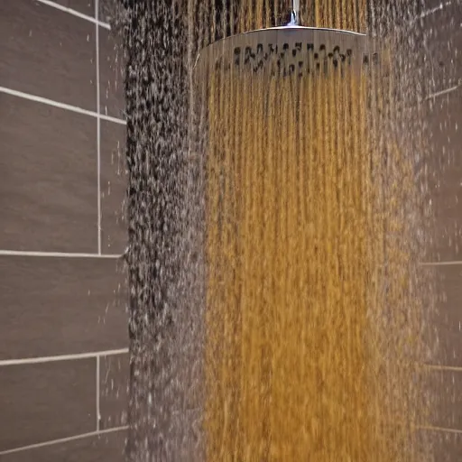 Prompt: photograph of a shower but instead of water it throws spaguetti