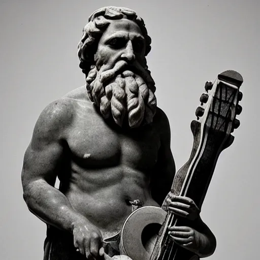 Prompt: epic greek marble statue of a grumpy bald man with a long beard, holding a marble guitar over his head, photo, chiaroscuro