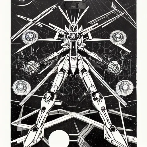 Image similar to vitruvian mecha, isometric concept gundam macross evangelion, illuminated features, ink outlines, detailed hatching, dramatic moonlit lighting, diagram specifications notations, by alex pardee, dan mumford