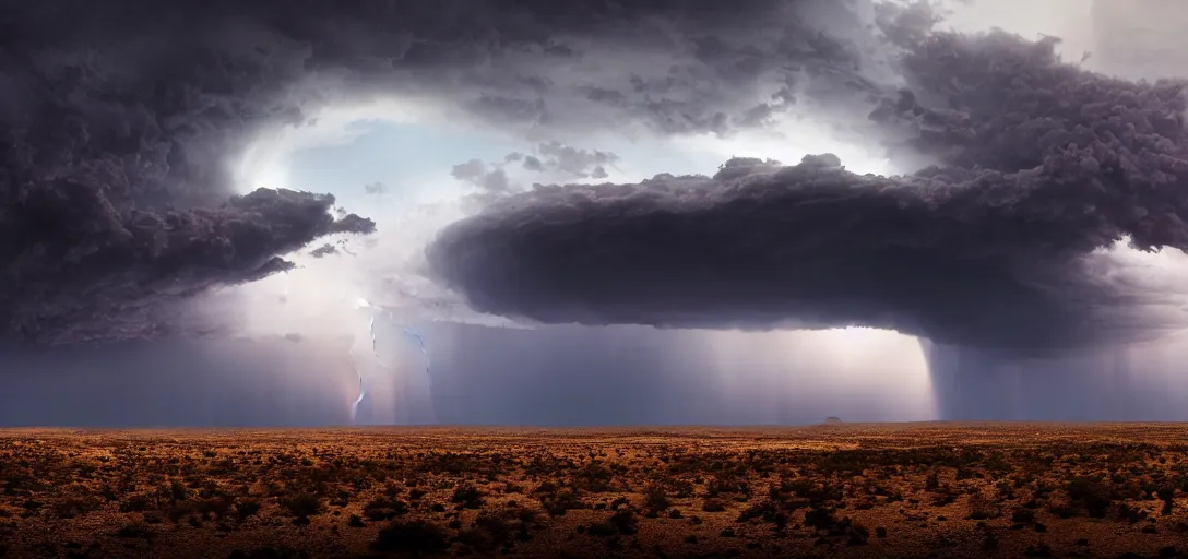 Image similar to a beautiful picture of a dark distant thundercloud in a desert, shelf cloud, intricate detail, impending doom, sunset, serene, volumetric lighting, volumetric clouds, 8 k, hyperrealistic, digital art trending on artstation