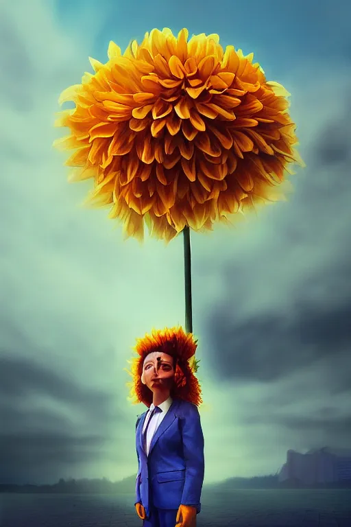 Prompt: closeup giant dahlia flower head, girl in a suit, street, surreal photography, blue sky, sunrise, dramatic light, impressionist painting, digital painting, artstation, simon stalenhag