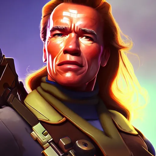 Image similar to a screenshot of arnold schwarzenegger as ana in overwatch, portrait, fantasy, beautiful face, vivid colors, elegant, concept art, sharp focus, digital art, hyper - realistic, 4 k, unreal engine, highly detailed, hd, dramatic lighting by brom, trending on artstation