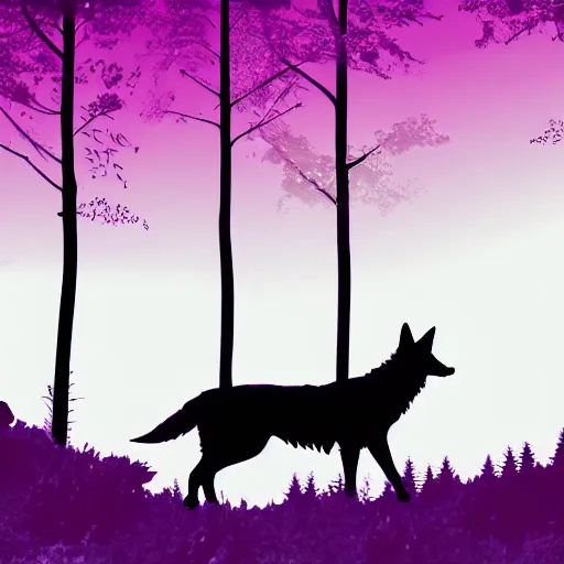 Prompt: silhouette art of a forest with wolves, stunning, sunset, intricate, 4 k wallpaper, trending on artstation gradient black to purple