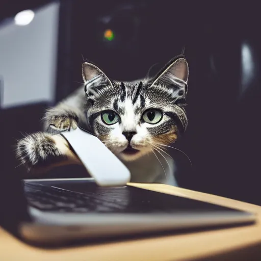 Prompt: high quality photo of an hacker cat with a hoodie in front of a computer, award winning photography
