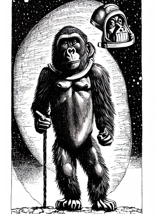 Prompt: a gorilla wearing a space helmet, as a d & d monster, full body, pen - and - ink illustration, etching, by russ nicholson, david a trampier, larry elmore, 1 9 8 1, hq scan, intricate details, inside stylized border