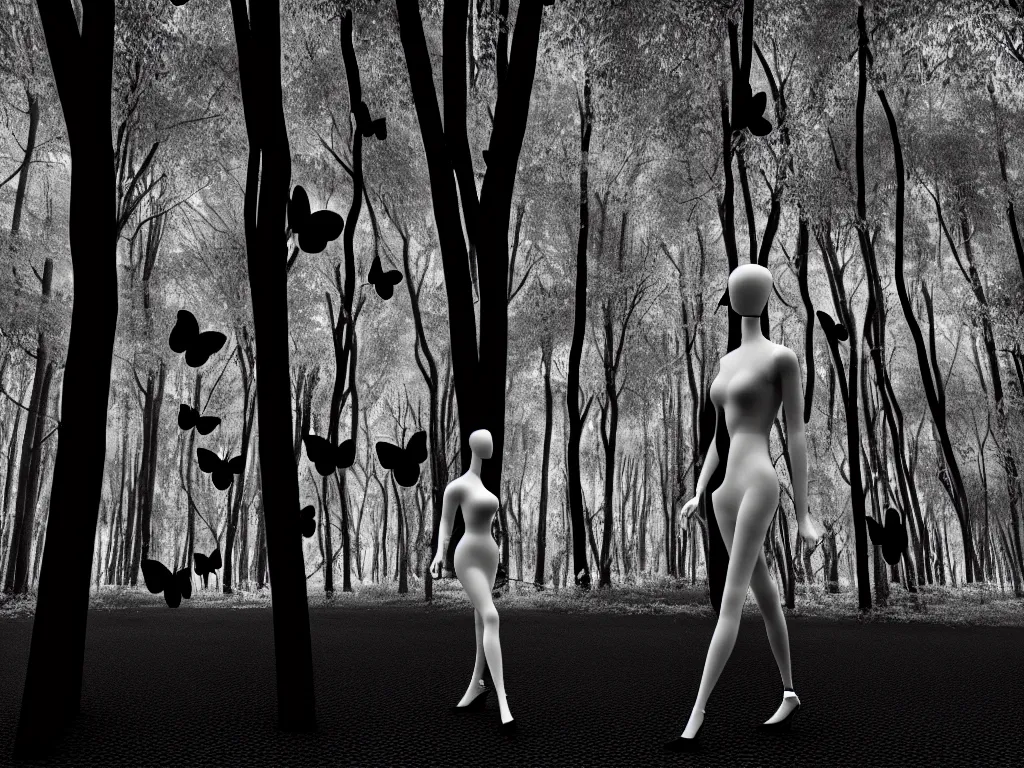 Prompt: black and white light 3d geometrically printed mannequin, walking through a forest, butterflies flying, in the style of michael cheval, 4k, trending on artstation, hypermaximalist, photorealistic, moody, dramatic, octane render