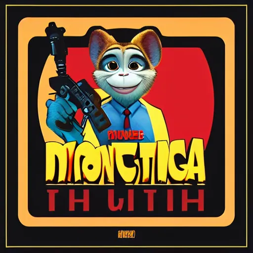 Image similar to “ logo of a upside down monkey in the style of zootopia holding laser gun, with a black background, digital art, award winning, trending on art station, retro style ”