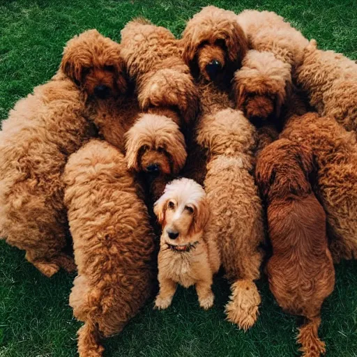 Prompt: a huge pile of 30 golden doodle dogs, photography