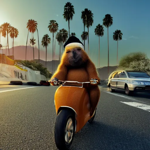 Prompt: a photorealistic photograph of a knitted cute Capybara wearing stylish sunglasses and dressed in a beanie cap while riding on a motorcycle in Hollywood at dusk. Palm trees in the background. This 4K HD image is Trending on Artstation, featured on Behance, well-rendered, extra crisp, features intricate detail and the style of Unreal Engine.