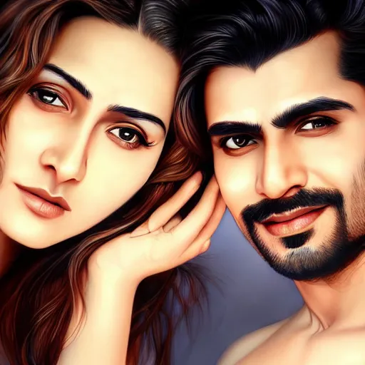 Image similar to perfectly centered symmetrical split male and female portrait of bollywood man and woman in love sharing one heart ; art by artgerm, photorealistic, highly detailed ; trending on artstation ; portrait by wlop