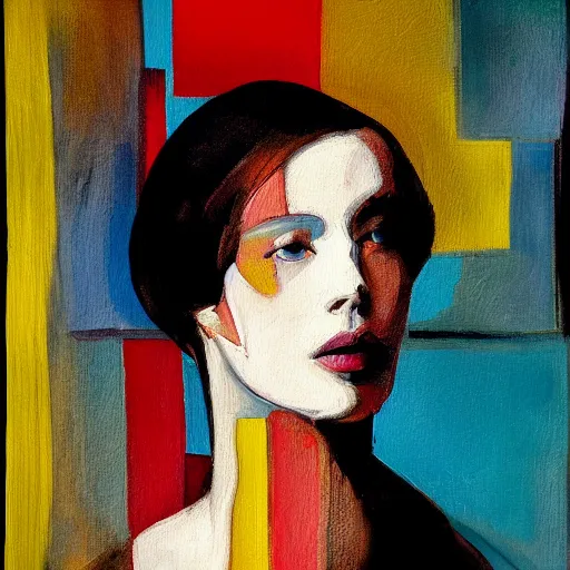 Image similar to loose painting portrait of a beautiful woman by ridley scott and mondrian