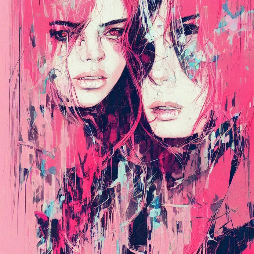 Image similar to close up portrait painting of a female dressed in nineties street styling, concept art, intricate details, highly detailed, aesthetically pleasing pastel colors, art by conrad roset