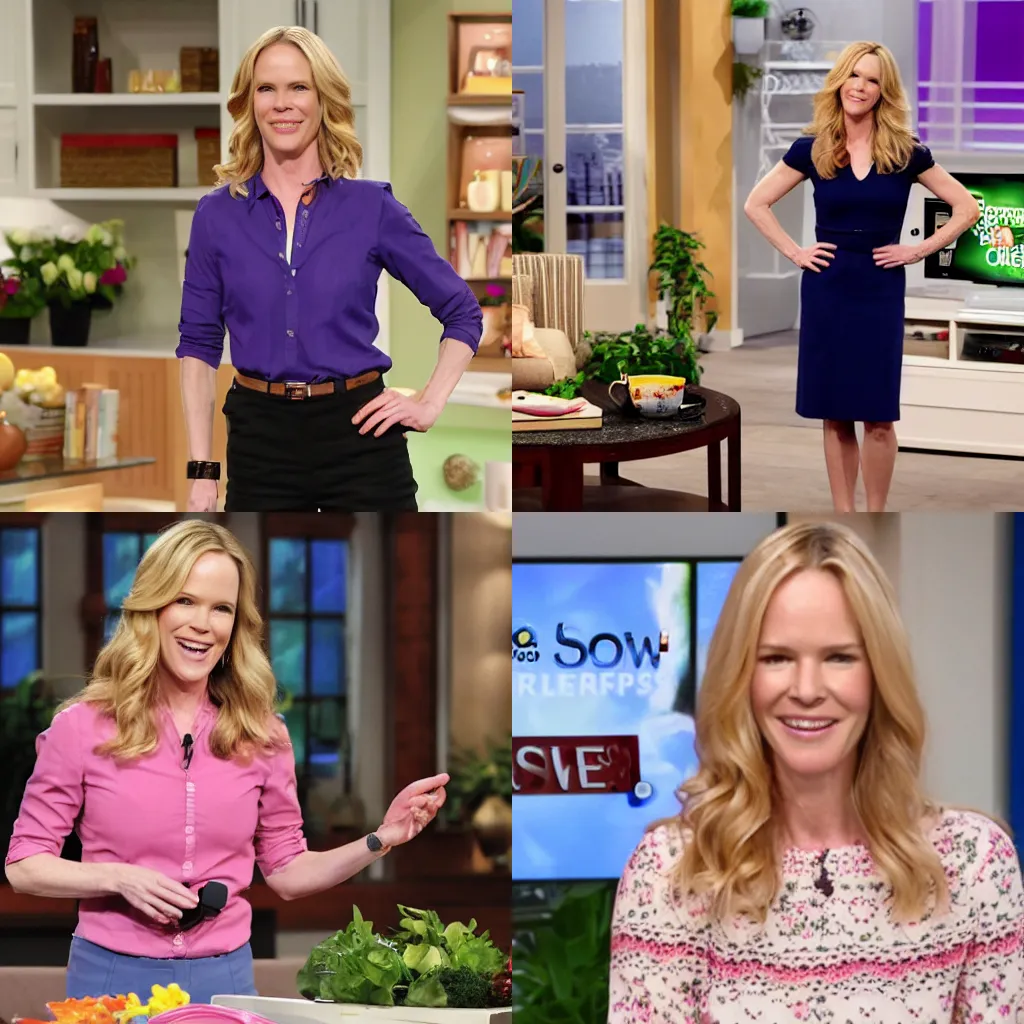 Prompt: stephanie march as a presenter on a teleshopping channel, home shopping network, qvc