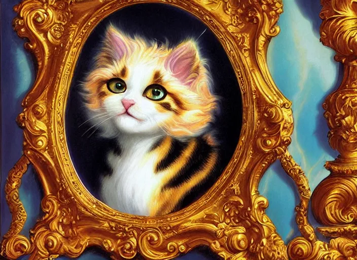 Prompt: baroque rococo painting The Royal Cat Prince portrait Greg Hildebrandt Lisa Frank high detail cute kitten kitty feline