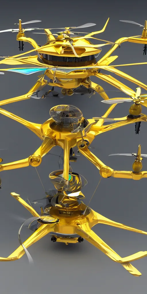 Prompt: a futuristic multi rotor helicopter with gold windows, 4 k, hyper realistic, coherent design, symmetrical, vivid colour, complementary colour, golden ratio, detailed, sharp lines, intricate, rainbow shift, in unreal 3 d engine, ray tracing, octane render