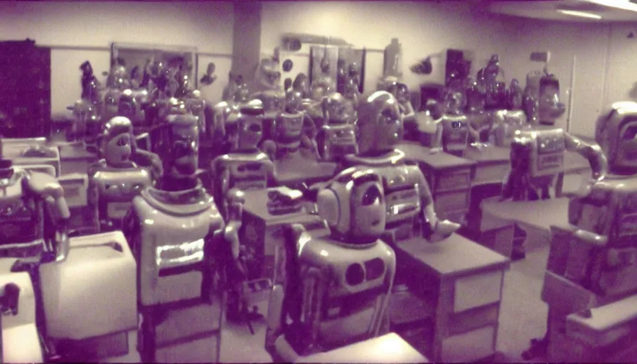 Prompt: group picture of wax robot in class, by mini dv camera, very very low quality, heavy grain, very blurry, accidental flash, webcam footage, found footage, security cam, caught on trail cam