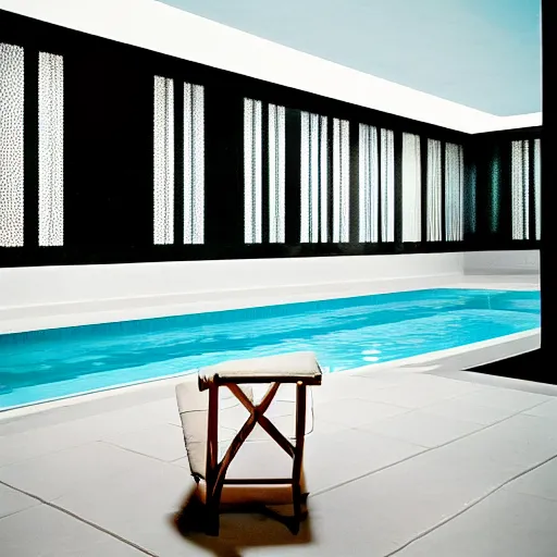 Image similar to noisy color photograph of a liminal pool room, terraces, minimalist, oddly familiar, cinematic, soft vintage glow