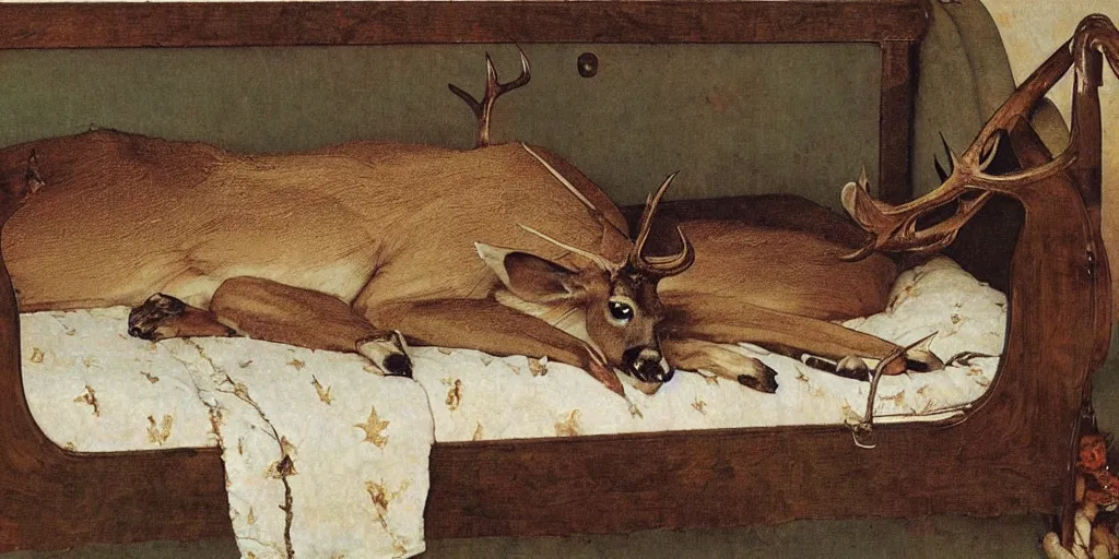 Image similar to deer with antlers sleeping on a cot, norman rockwell