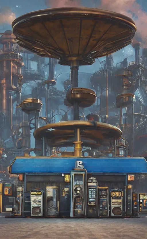 Prompt: steampunk gas station in space, concept art, polished, realistic, hard edges, zoomed in, very coherent, sharp focus, rim light, exquisite lighting, blue gradient, hard edges, sci - fi, cinematic, octane render