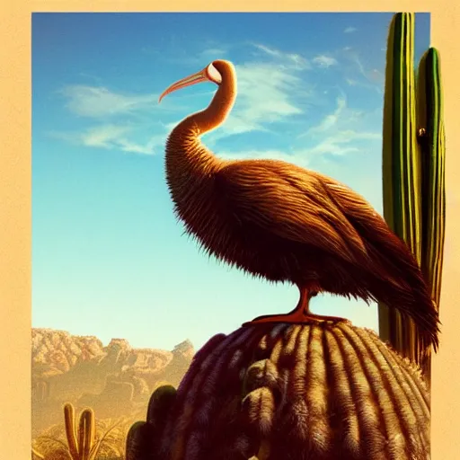 Image similar to A Dodo bird perched atop a Saguaro cactus in the desert, digital art, trending on Artstation, high detail, sharp focus, illustration, art by artgerm and greg rutkowski and alphonse mucha.